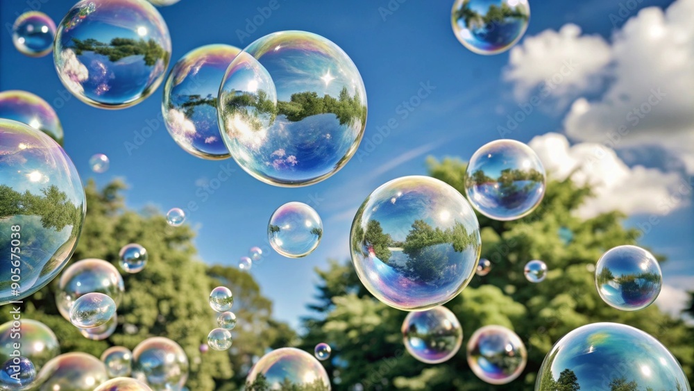 A cluster of colorful, reflective soap bubbles floating in the air against a nature background. A cluster of colorful, reflective soap bubbles floating in the air against a nature background.