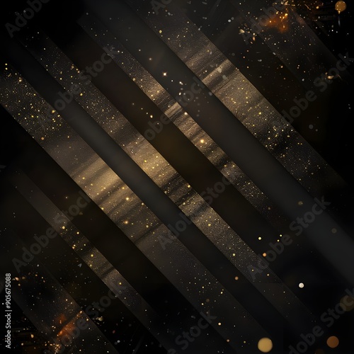 A dynamic composition of dark angled bars with golden sparkles creating a mysterious, textured surface. photo