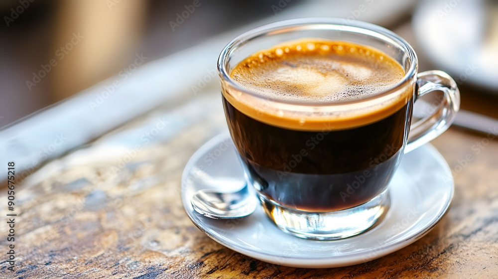 Сup of Сoffee on the Wooden Table. Glass Coffee Cup. Сup of Сoffee on the Wooden Table. Glass Coffee Cup.