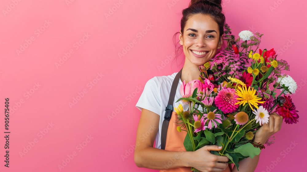 A cheerful florist holding a vibrant bouquet of assorted flowers against a bright pink background. The image radiates joy and freshness, perfect for themes of nature and positivity. A cheerful florist holding a vibrant bouquet of assorted flowers against a bright pink background. The image radiates joy and freshness, perfect for themes of nature and positivity.