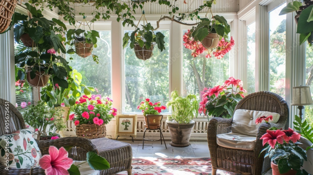 Naklejka premium A serene sunroom decorated with vibrant flowers and lush greenery, offering a peaceful retreat with cozy wicker furniture and large windows inviting natural light.