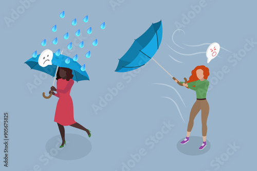 3D Isometric Flat Vector Illustration of Rainy Windy Day, Pedestrians with Umbrellas in Hand