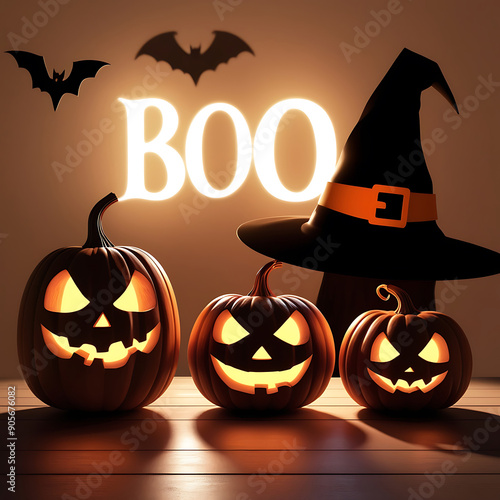 Halloween celebration with bat silhouette witch hat jars and backlit orange pumpkins photo