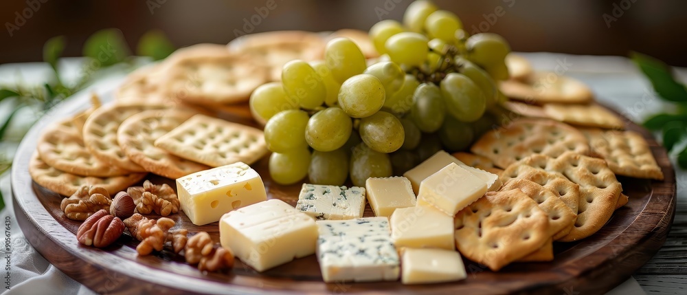 Fototapeta premium A detailed shot of a healthy snack board with whole grain crackers, cheese cubes, grapes, and nuts, arranged on a wooden platter, high detail
