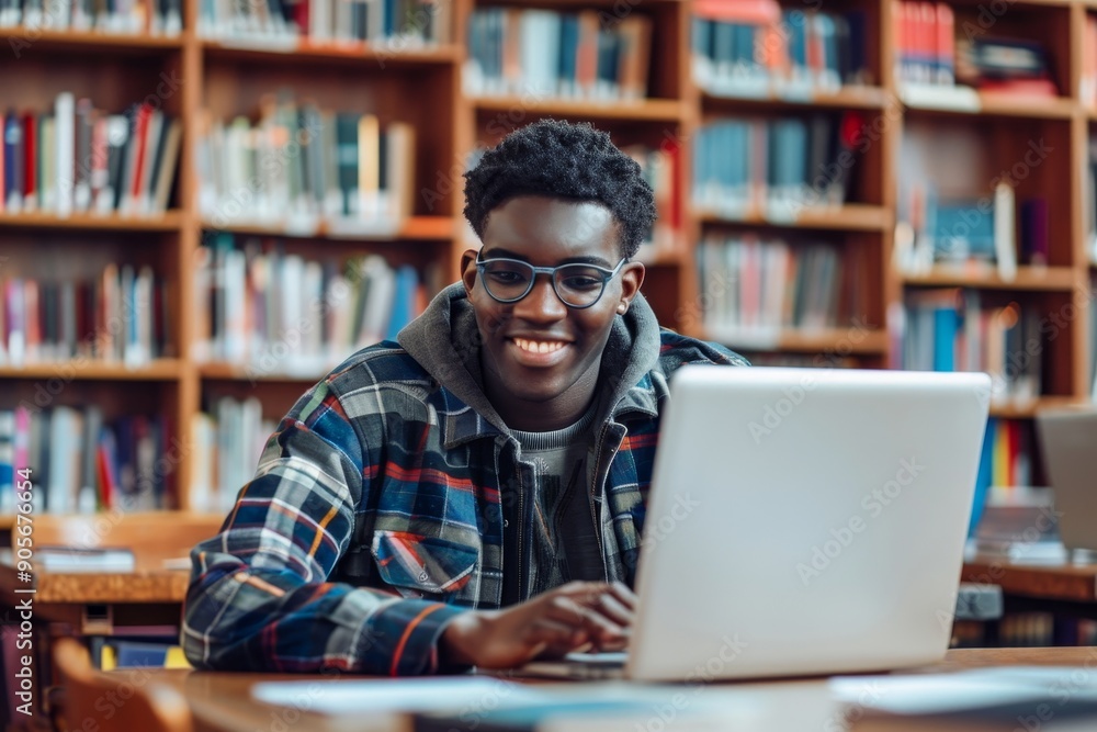 Happy Black student guy prepare assignment, learning theory, using laptop while studying in college library, using modern wireless tech and internet, Generative AI Happy Black student guy prepare assignment, learning theory, using laptop while studying in college library, using modern wireless tech and internet, Generative AI