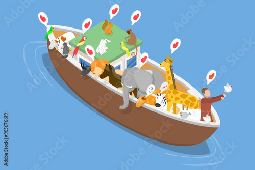 3D Isometric Flat Vector Illustration of Ark And Noah, Noah releases dove from ark in Genesis flood narrative scene.