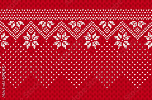 Christmas knit pattern. Festive red print. Knitted Xmas seamless background. Sweater winter texture with snowflakes. Holiday fair traditional ornaments. Vector illustration.