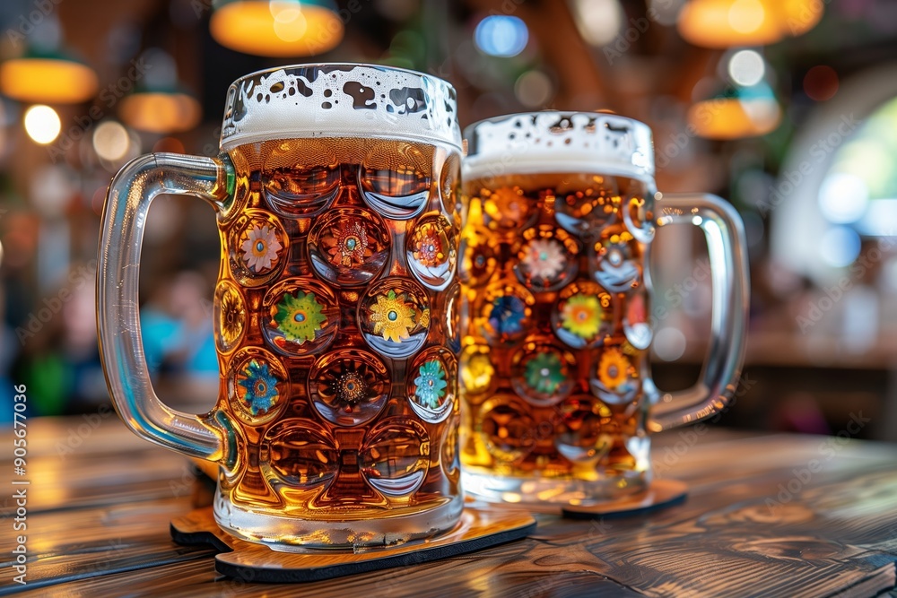 Two Frosted Beer Mugs Filled With Golden Lager Sitting on a Wooden Table in a Cozy Pub Two Frosted Beer Mugs Filled With Golden Lager Sitting on a Wooden Table in a Cozy Pub