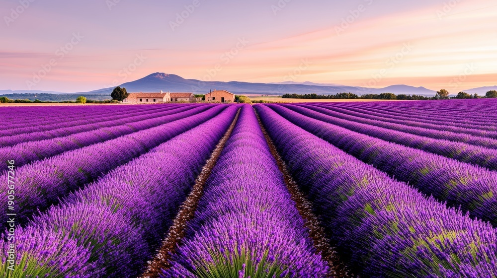 A picturesque lavender field with rows of blooming lavender, a clear sky, and a distant farmhouse, ultra HD A picturesque lavender field with rows of blooming lavender, a clear sky, and a distant farmhouse, ultra HD