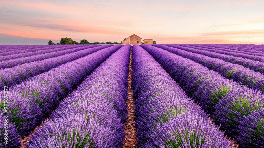 Fototapeta premium A picturesque lavender field with rows of blooming lavender, a clear sky, and a distant farmhouse, ultra HD
