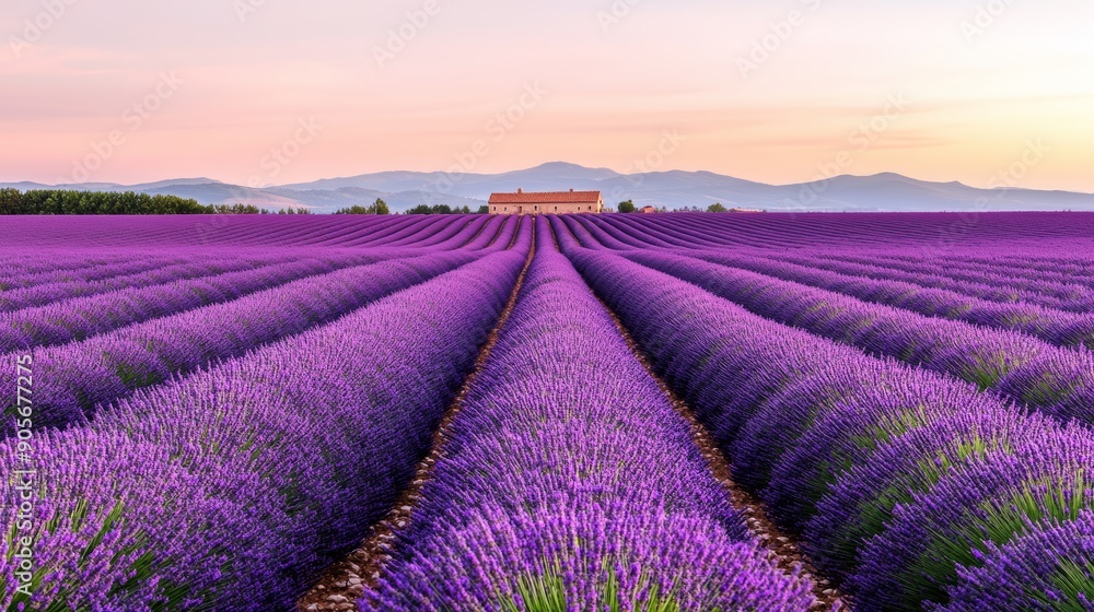A picturesque lavender field with rows of blooming lavender, a clear sky, and a distant farmhouse, ultra HD A picturesque lavender field with rows of blooming lavender, a clear sky, and a distant farmhouse, ultra HD
