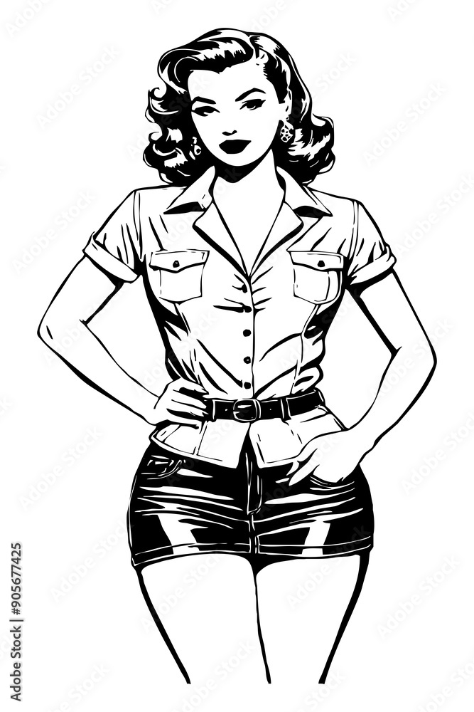 Fototapeta premium Black and white illustration. Fictional female character in the Pin Up style. Generated by Ai