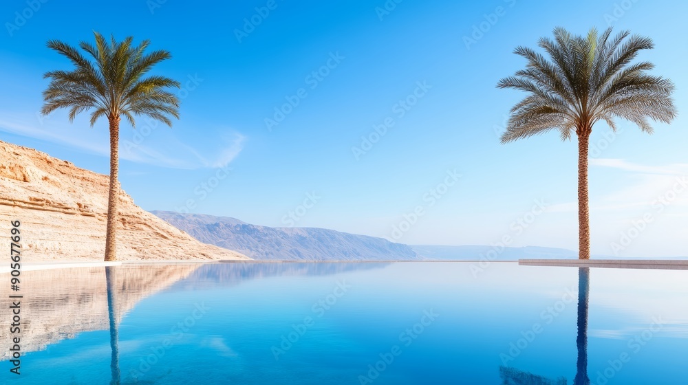 A serene desert oasis with palm trees, a clear pool of water, and a bright blue sky, ultra HD A serene desert oasis with palm trees, a clear pool of water, and a bright blue sky, ultra HD