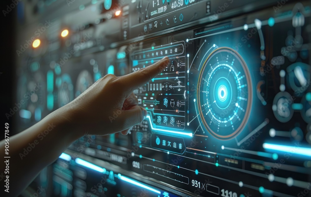 A Hand Interacting with a Futuristic Interface A Hand Interacting with a Futuristic Interface