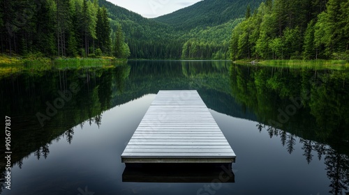 A serene forest lake with still water, reflections of trees, and a wooden pier, ultra HD