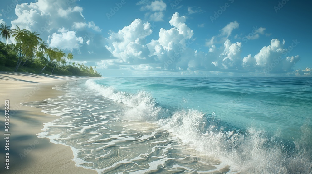 Serene Tropical Beach With Gentle Waves and Lush Palm Trees Under a Clear Blue Sky Serene Tropical Beach With Gentle Waves and Lush Palm Trees Under a Clear Blue Sky