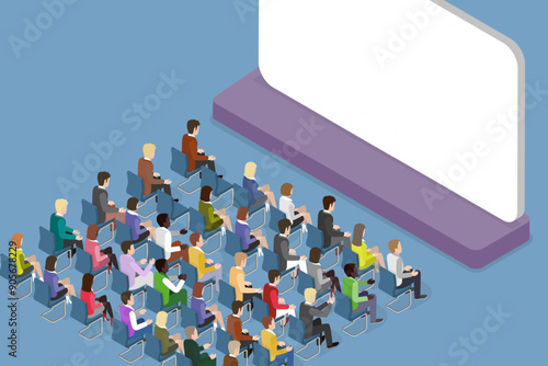 3D Isometric Flat Vector Illustration of Performance On Stage, Audience Seating in Movie Theater, Facing Blank Screen