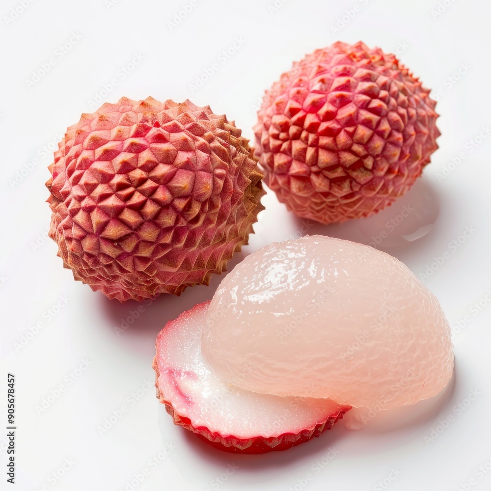 Medium shot of whole Lychee near the sliced piece of Lychee, isolated on a white background Medium shot of whole Lychee near the sliced piece of Lychee, isolated on a white background