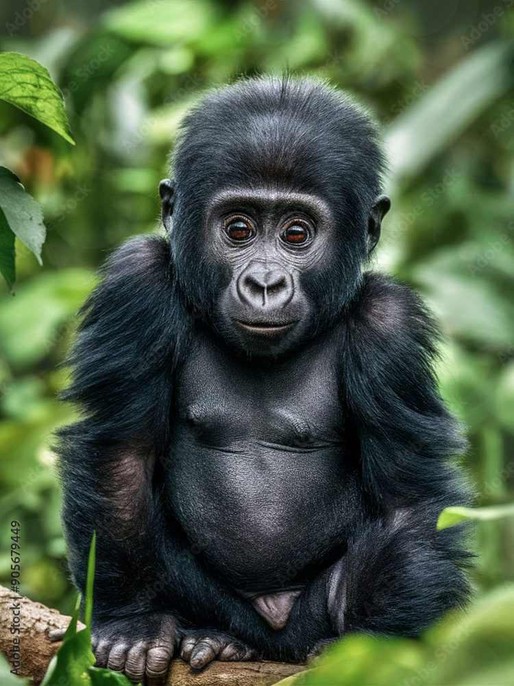 Portrait of a cute baby gorilla in its natural habitat Portrait of a cute baby gorilla in its natural habitat