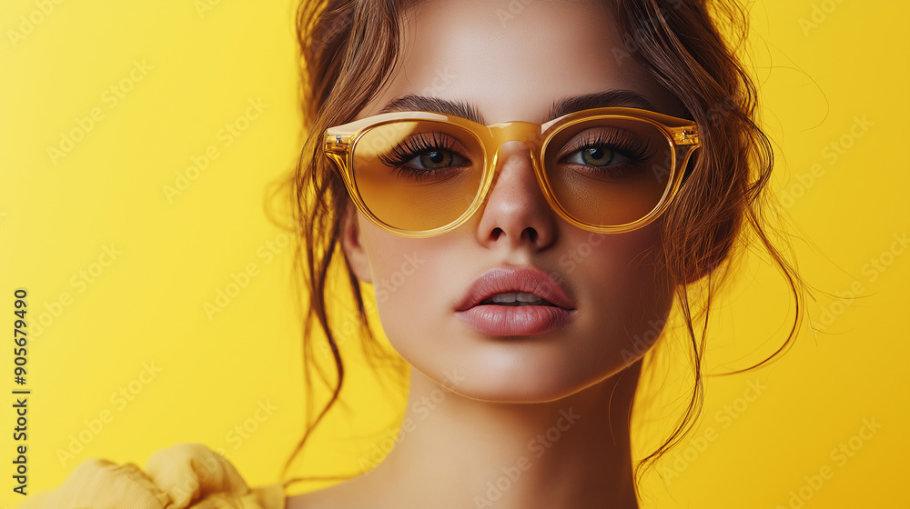 Close-up portrait of a woman wearing stylish yellow-tinted sunglasses against a bright yellow background. Ideal for fashion editorials, summer campaigns, and eyewear advertisements Close-up portrait of a woman wearing stylish yellow-tinted sunglasses against a bright yellow background. Ideal for fashion editorials, summer campaigns, and eyewear advertisements