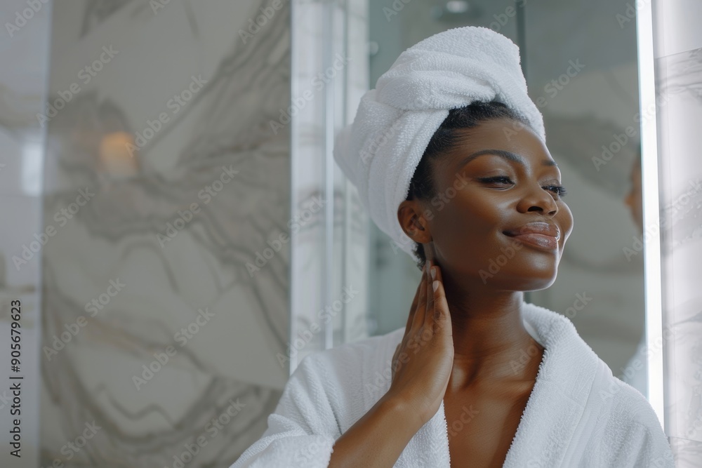 Pretty young black woman in bathrobe looking at mirror and smiling, touching neck and enjoying her moisturised skin, sitting in bathroom, copy space, Generative AI Pretty young black woman in bathrobe looking at mirror and smiling, touching neck and enjoying her moisturised skin, sitting in bathroom, copy space, Generative AI