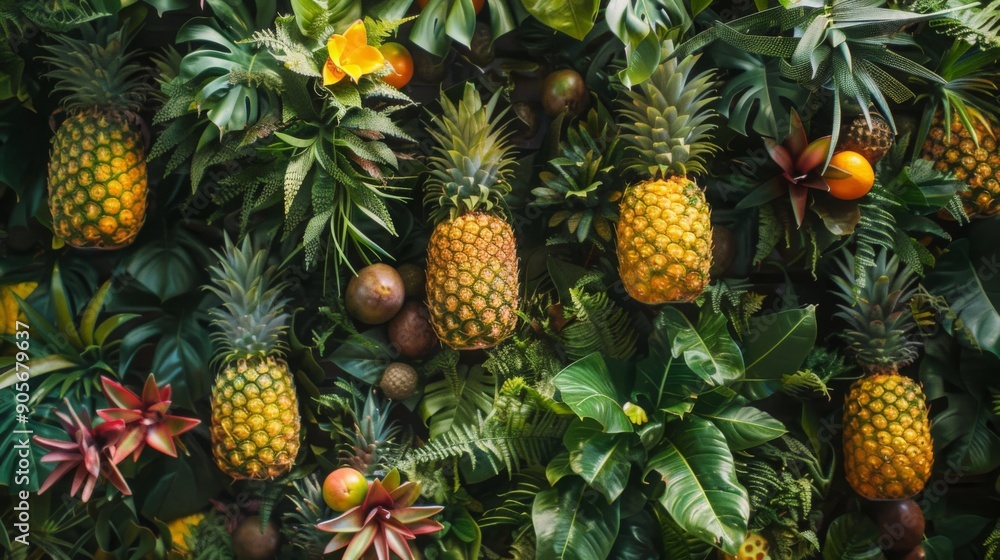 Golden pineapples hang prominently amid a rich tapestry of tropical plants and foliage. Golden pineapples hang prominently amid a rich tapestry of tropical plants and foliage.