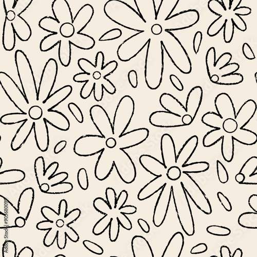 Abstract seamless pattern with cute crayon flowers. Vector outline floral background in naive style