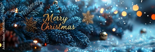 Merry Christmas text on background of branches of christmas tree and snowflakes.