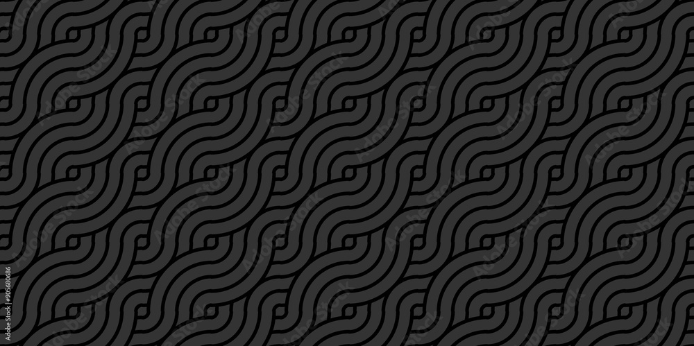 Vector overlapping Pattern Minimal diamond geometric dark black spiral line waves abstract wave line. seamless black tile stripe overlap creative retro circle line fabric pattern background. Vector overlapping Pattern Minimal diamond geometric dark black spiral line waves abstract wave line. seamless black tile stripe overlap creative retro circle line fabric pattern background.