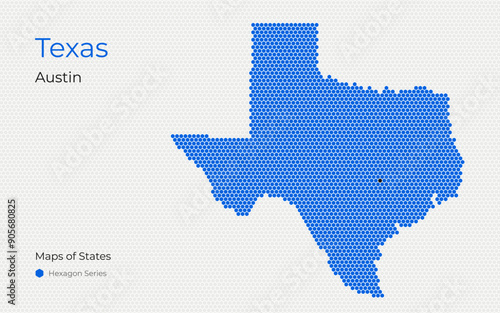 Texas Map with a capital of Austin Shown in a Hexagon Pattern. Silicon valley. United States vector maps.