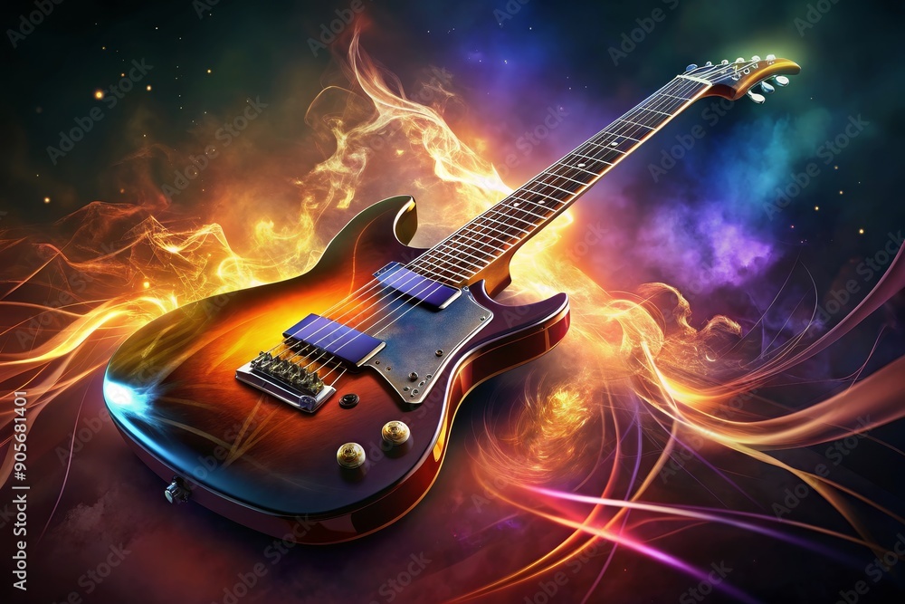 A burning electric guitar resting on rocks against a cosmic background A burning electric guitar resting on rocks against a cosmic background