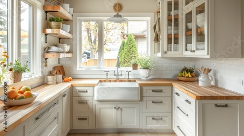 A bright suburban kitchen with a farmhouse sink, butcher block countertops, and open shelving.