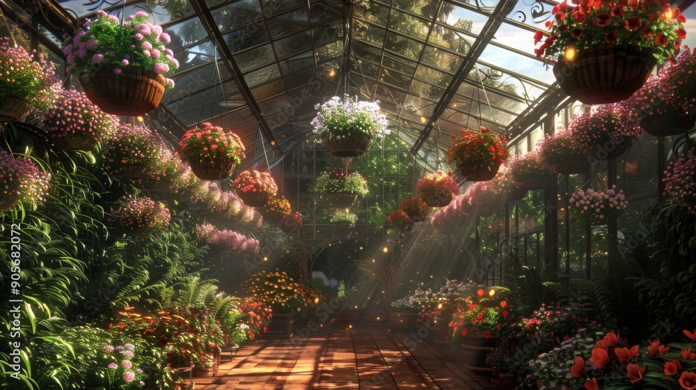 Sunlight streams through a botanical conservatory adorned with vibrant hanging plants, creating a serene and magical atmosphere. Sunlight streams through a botanical conservatory adorned with vibrant hanging plants, creating a serene and magical atmosphere.