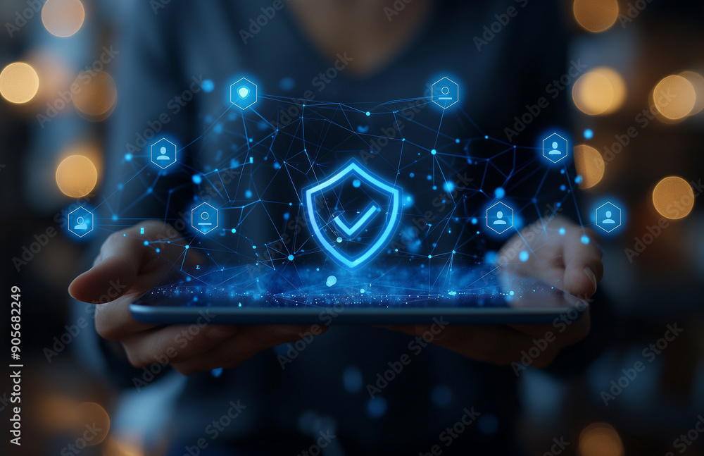 Hands Holding a Tablet Displaying a Network of Secure Digital Connections Hands Holding a Tablet Displaying a Network of Secure Digital Connections
