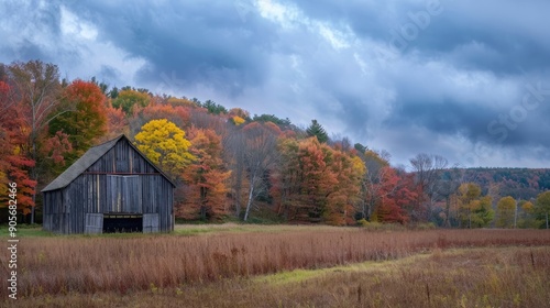 The Berkshires. Autumn Landscape with Wooden Barn and Colorful Fall Foliage