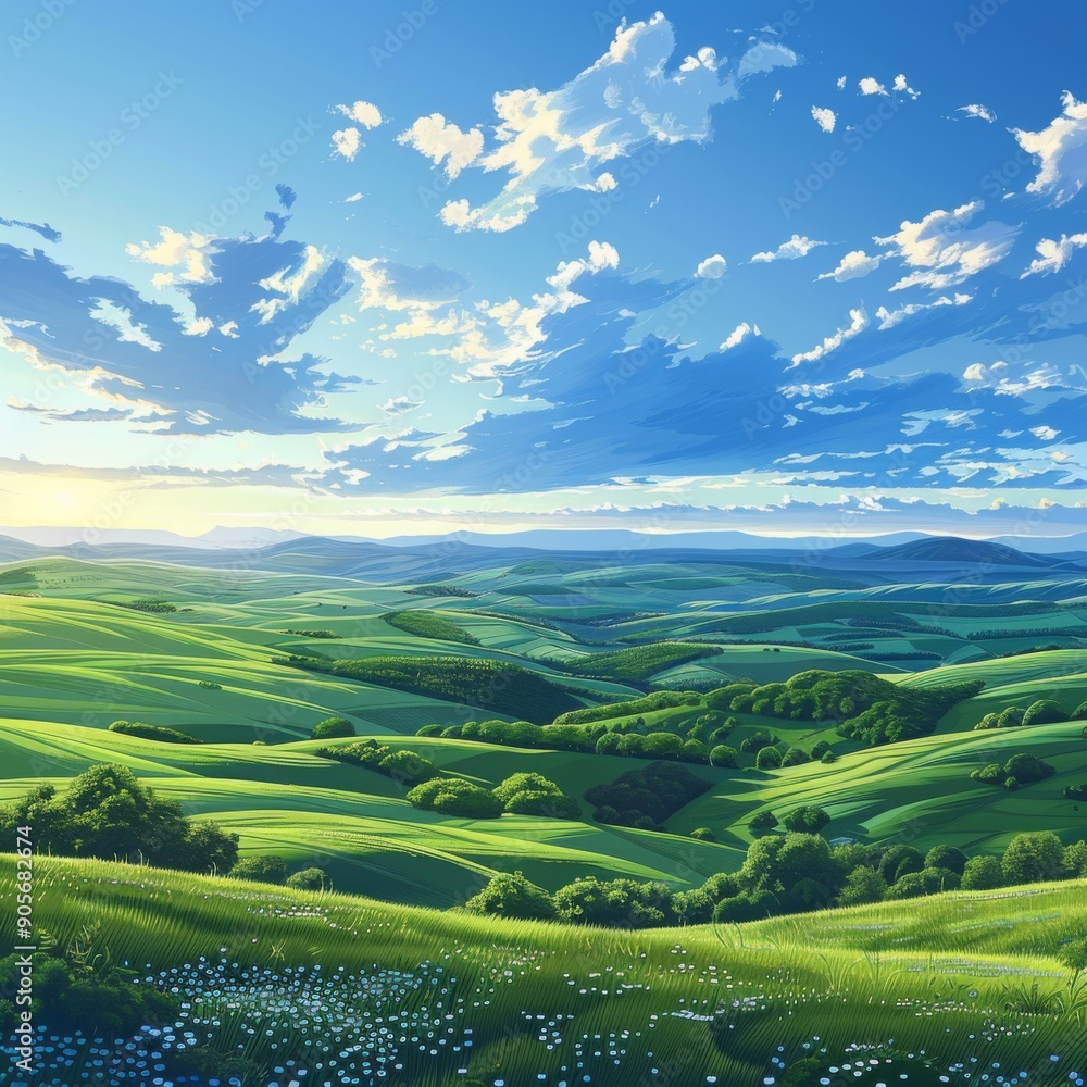 Dawn Landscape of Lush Green Fields and Hills Under a Bright Blue Sky, an Idyllic Illustration of Nature's Morning Serenity Dawn Landscape of Lush Green Fields and Hills Under a Bright Blue Sky, an Idyllic Illustration of Nature's Morning Serenity