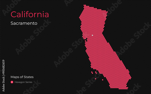 California Map with a capital of Sacramento Shown in a Hexagon Pattern. Silicon valley. United States vector maps.