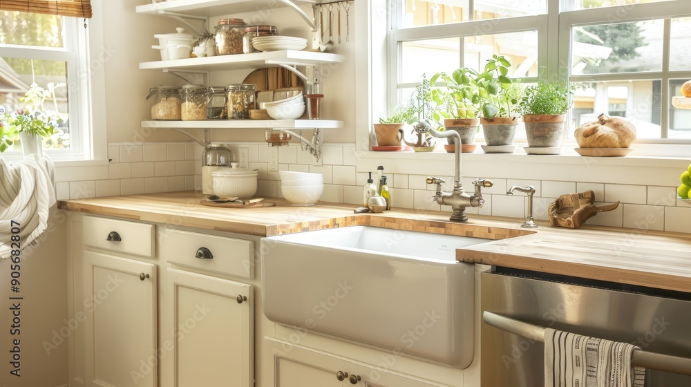 A bright suburban kitchen with open shelving, a farmhouse sink, and a butcher block countertop. A bright suburban kitchen with open shelving, a farmhouse sink, and a butcher block countertop.