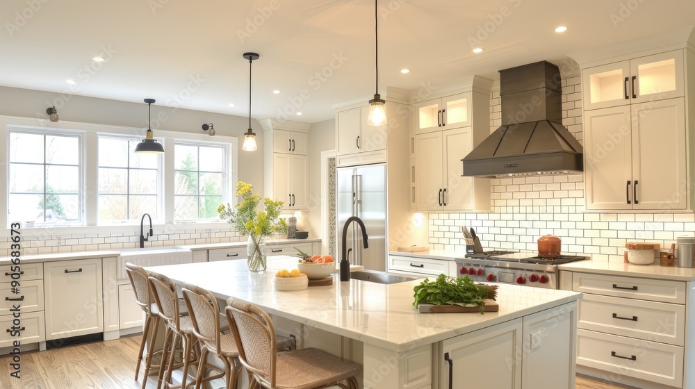 Fototapeta premium A bright suburban kitchen with white subway tile backsplash, a large island with seating, and pendant lighting.