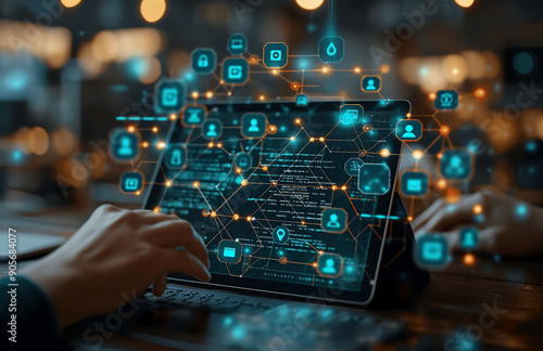 Hands Holding a Tablet Displaying a Network of Secure Digital Connections photo