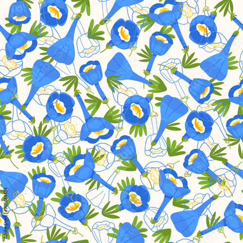Virginia bluebells, Mertensia virginica, cowslip flower seamless pattern on white background. Colorful botanical Vector illustration