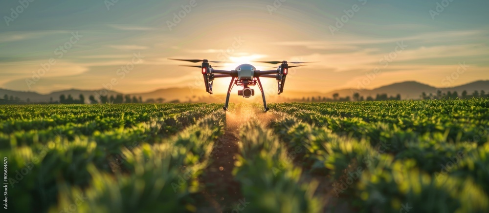 Drone Flying Over Green Field at Sunset Drone Flying Over Green Field at Sunset