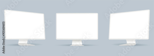 Realistic computer screen clay mockup. White computer display on three sides with blank screen.