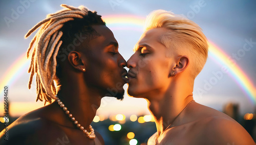 Obraz na płótnie Gay men kissing each other, African American Caucasian love, lgbt concept, gay wedding, romantic background w salonie