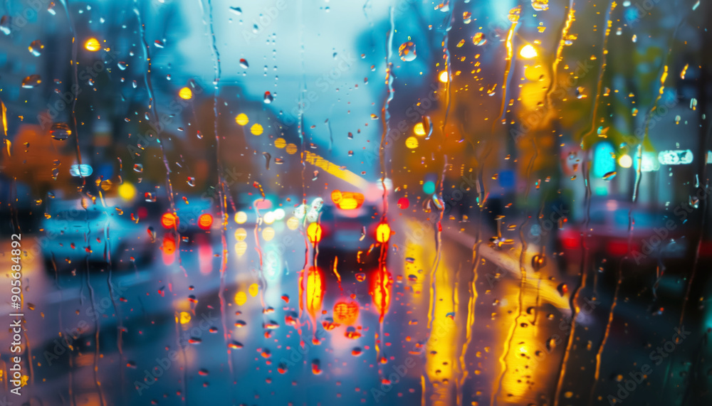 Fototapeta premium Cityscape of autumn rainy street, city lights through glass, cars blurred in motion, moody atmosphere, highlighting urban fall scenery, rainy weather, vibrant reflections, dynamic movement background