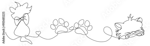 Linea continua con gatto seduto, impronte di zampa, cuore. Musetto, Amore per gli animali - cat in One continuous line, Illustrazione grafica vettoriale, presentazione, decorazione, ricamo,	