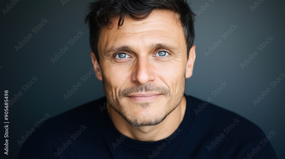 Obraz premium Portrait of a smiling man with blue eyes, suitable for ID card photos or professional headshots.