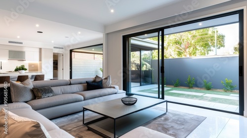 A contemporary suburban living room with a sleek sofa, a minimalist coffee table, and a large sliding glass door leading to a patio.