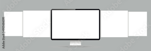 Realistic computer screen mockup with blank wireframing pages. Concept for showcasing web-design projects.