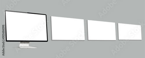 Computer monitor with with blank wireframing pages. Concept for showcasing web-design projects.
